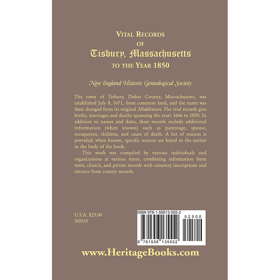 Vital Records of Tisbury, Massachusetts to the year 1850 back cover