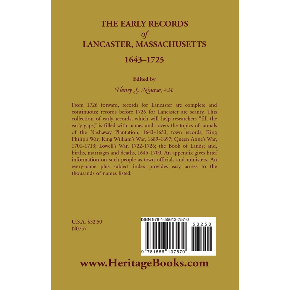 The Early Records of Lancaster, Massachusetts, 1643-1725 back cover