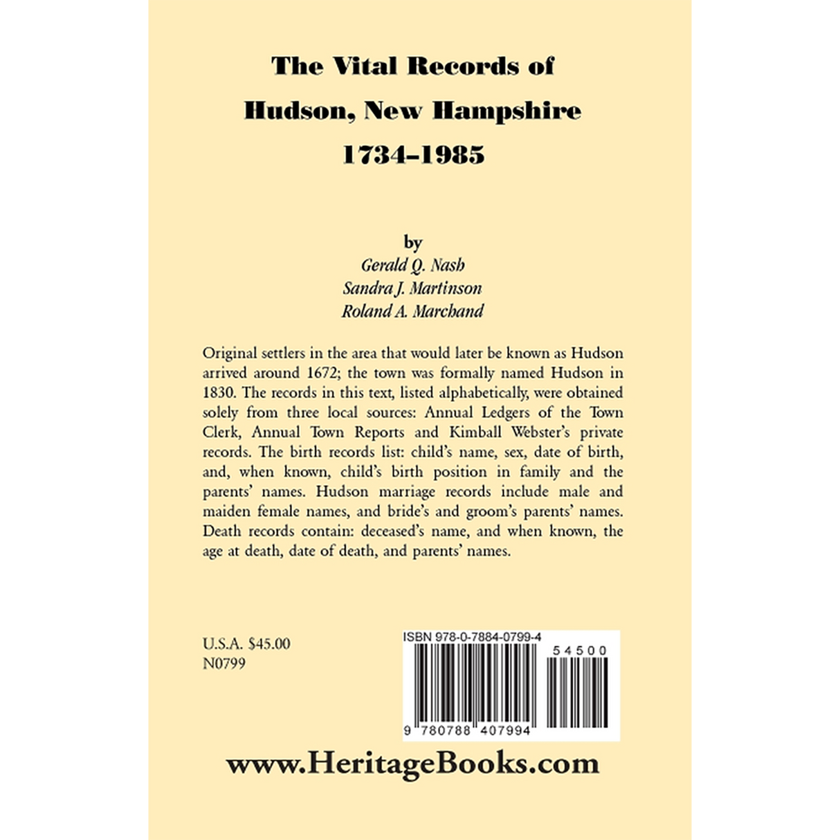 The Vital Records of Hudson, New Hampshire, 1734-1985 back cover