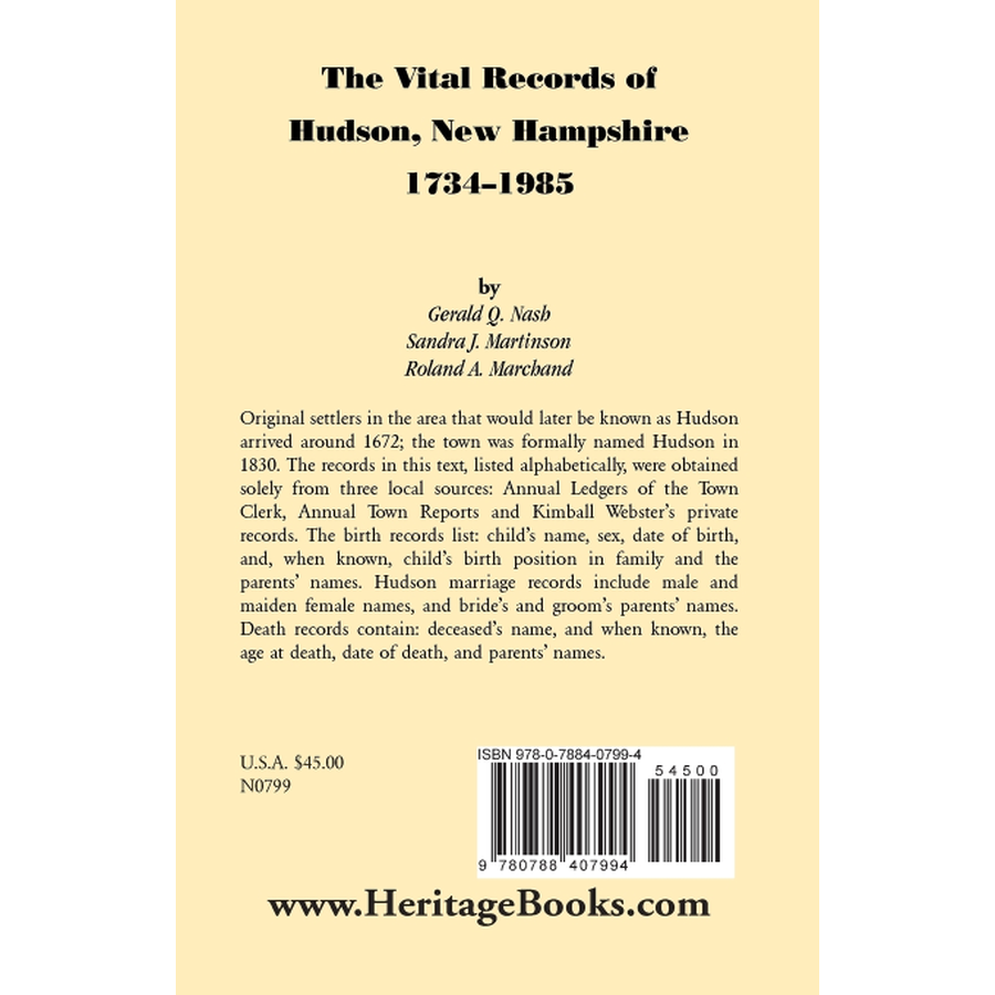 The Vital Records of Hudson, New Hampshire, 1734-1985 back cover