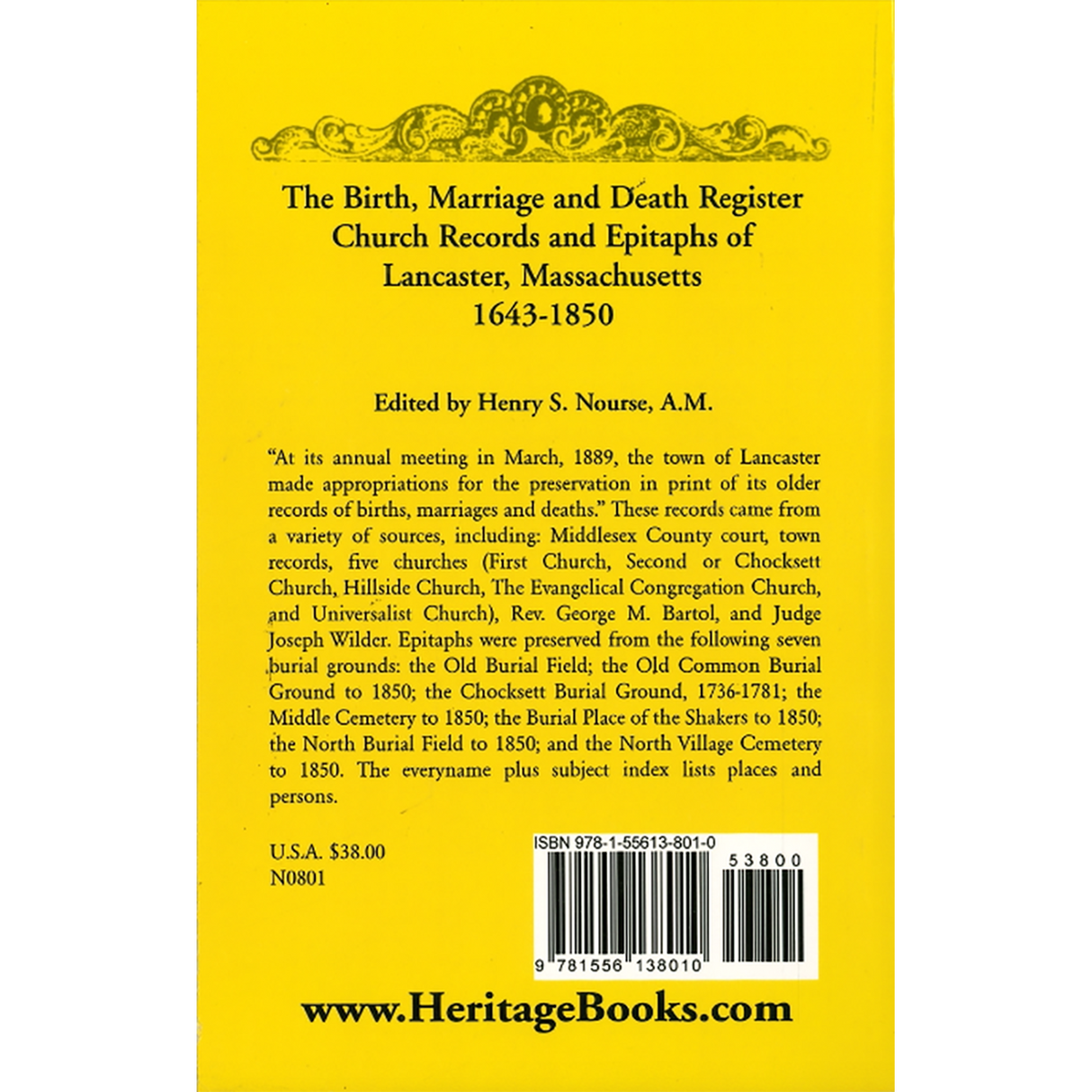 The Birth, Marriage and Death Register, Church Records and Epitaphs of Lancaster, Massachusetts, 1643-1850 back cover