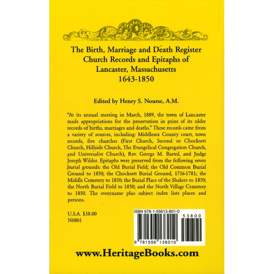 The Birth, Marriage and Death Register, Church Records and Epitaphs of Lancaster, Massachusetts, 1643-1850 back cover