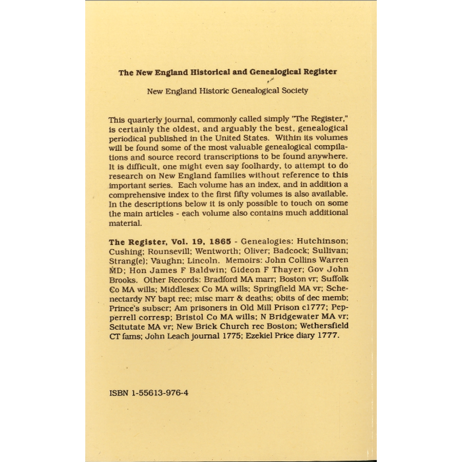 The New England Historical and Genealogical Register, Volume 19, 1865 back cover