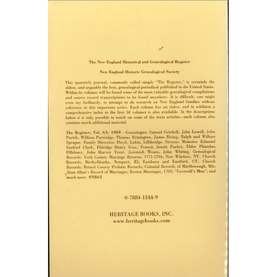 The New England Historical and Genealogical Register, Volume 63, 1909 back cover