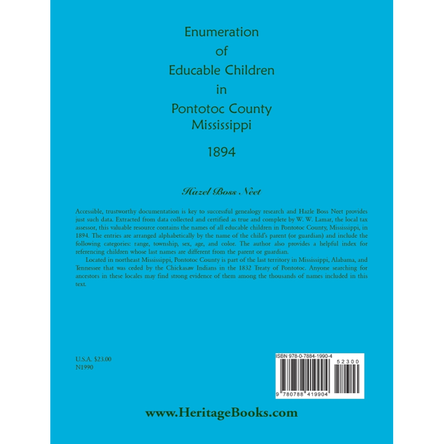 Enumeration of Educatable Children in Pontotoc County, Mississippi, 1894 back cover