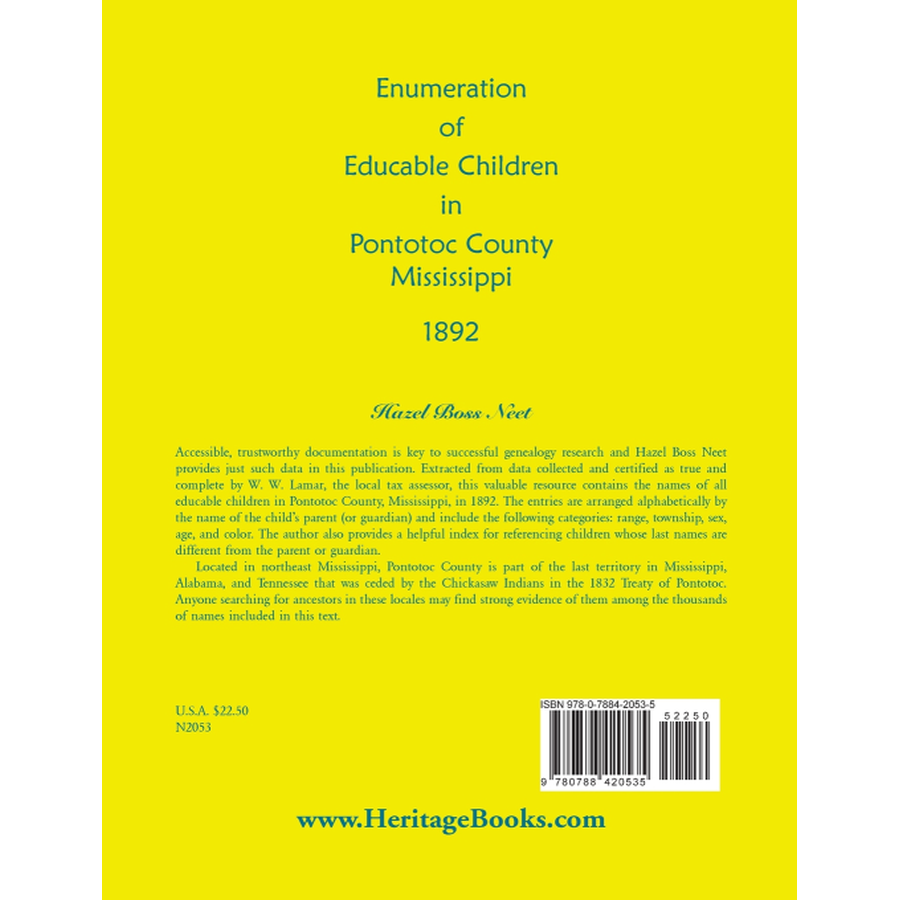 Enumeration of Educatable Children in Pontotoc County, Mississippi, 1892 back cover