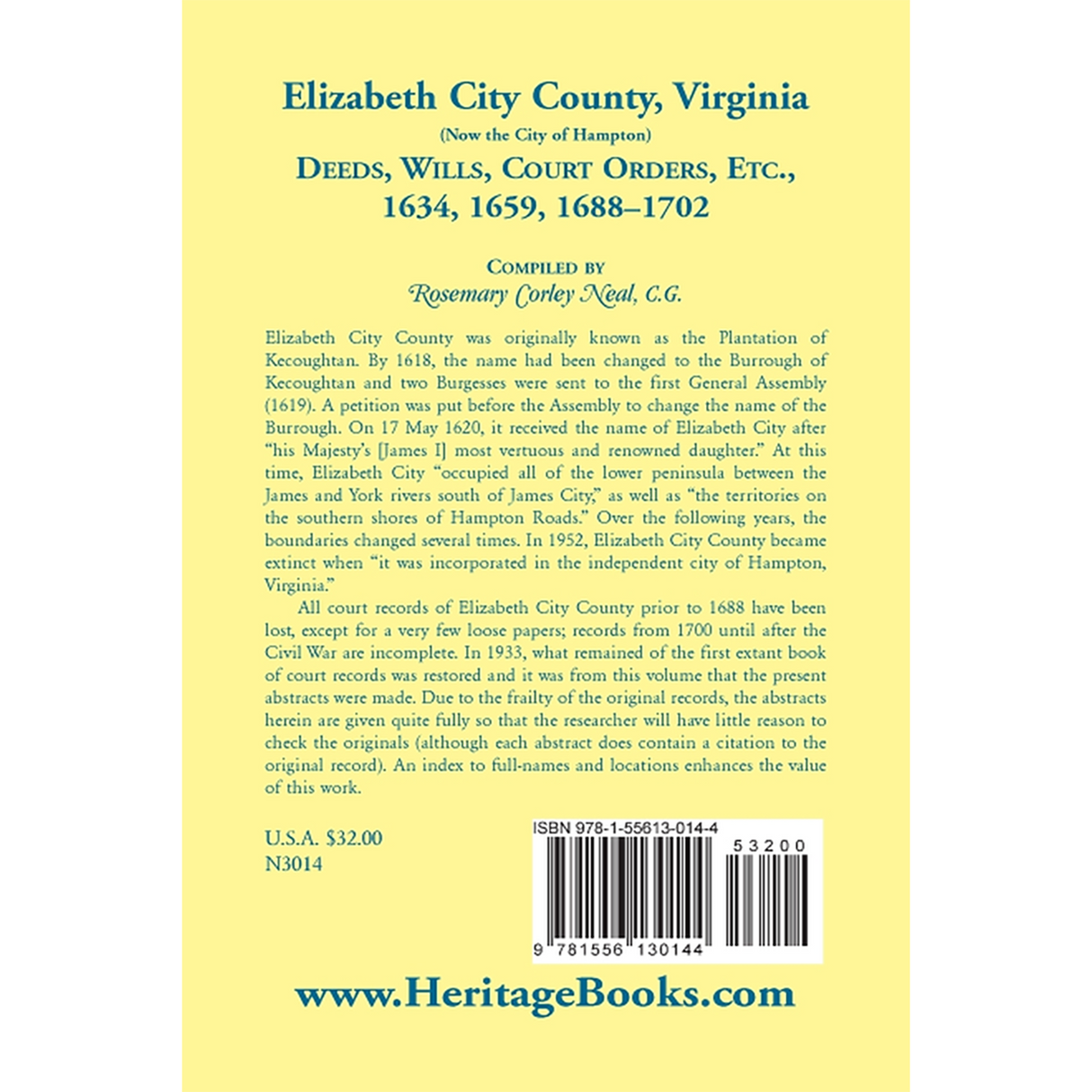 Elizabeth City County, Virginia (now the City of Hampton) Deeds, Wills, Court Orders, etc. 1634, 1659, 1688-1702 back cover