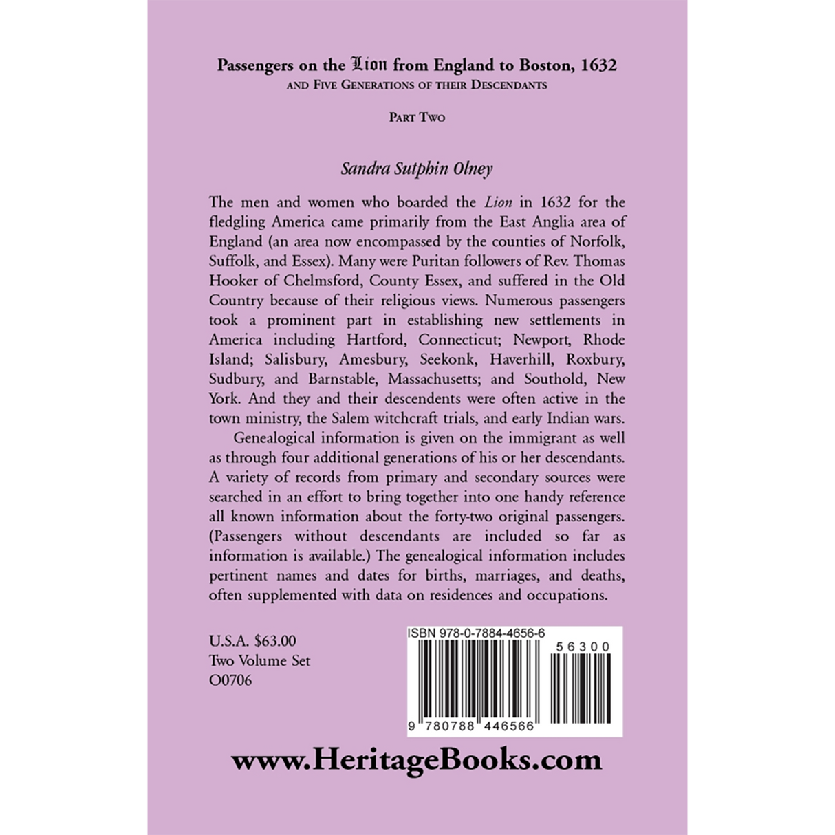 Passengers on the "Lion" from England to Boston, 1632, and Five Generations of Their Descendants, Part 2 back cover