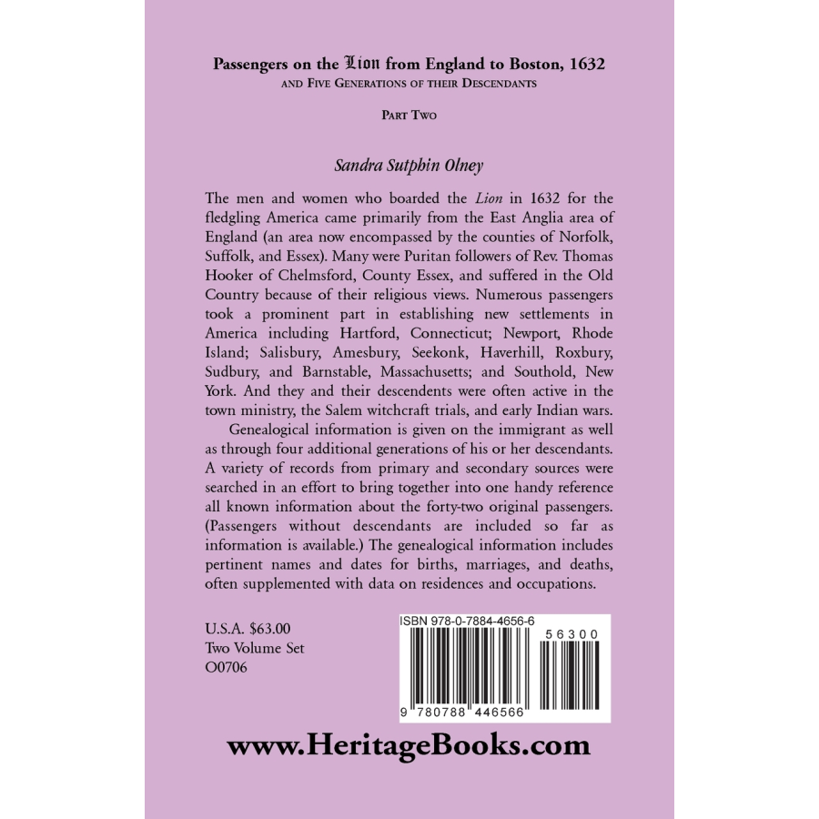 Passengers on the "Lion" from England to Boston, 1632, and Five Generations of Their Descendants, Part 2 back cover