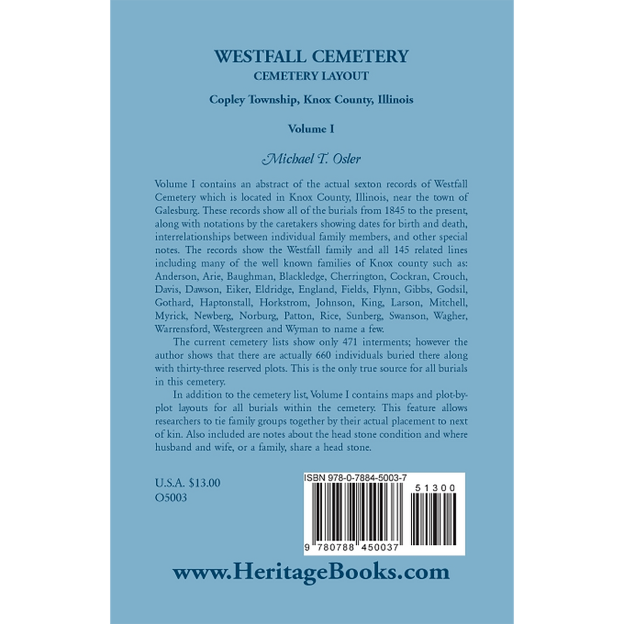 Westfall Cemetery, Copley Township, Knox County, Illinois: Cemetery Layout back cover