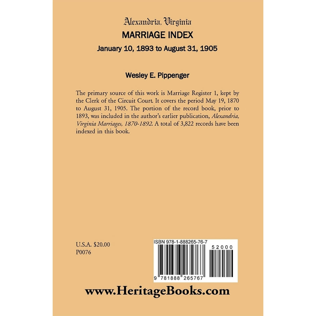 Alexandria, Virginia Marriage Index, January 10, 1893 to August 31, 1905 back cover