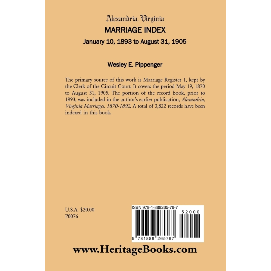 Alexandria, Virginia Marriage Index, January 10, 1893 to August 31, 1905 back cover