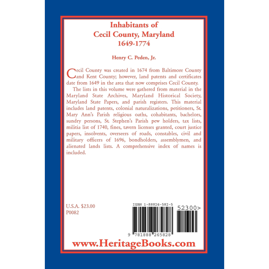 Inhabitants of Cecil County, Maryland 1649-1774 back cover