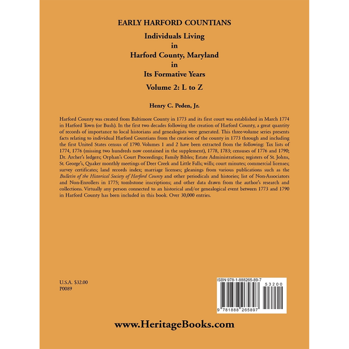 Early Harford Countians Volume 2: L to Z, Individuals Living in Harford County, Maryland in its Formative Years back cover