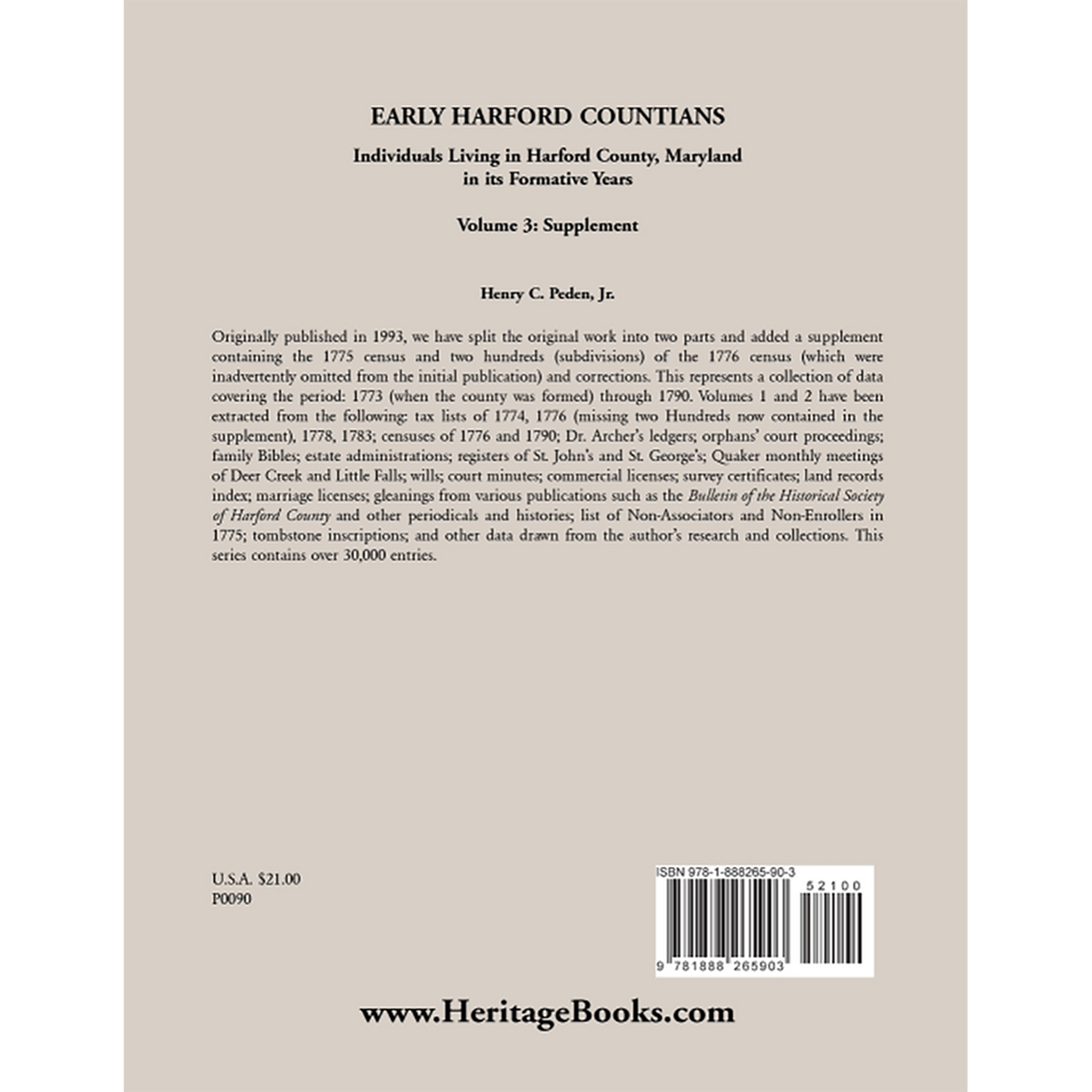 Early Harford Countians Volume 3: Supplement, Individuals Living in Harford County, Maryland in its Formative Years back cover