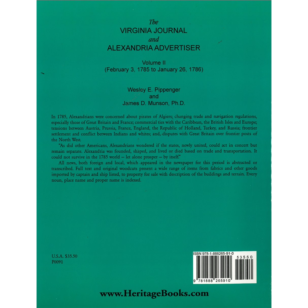 The Virginia Journal and Alexandria Advertiser, Volume II: February 3, 1785 to January 26, 1786 back cover