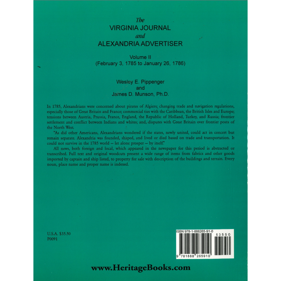 The Virginia Journal and Alexandria Advertiser, Volume II: February 3, 1785 to January 26, 1786 back cover