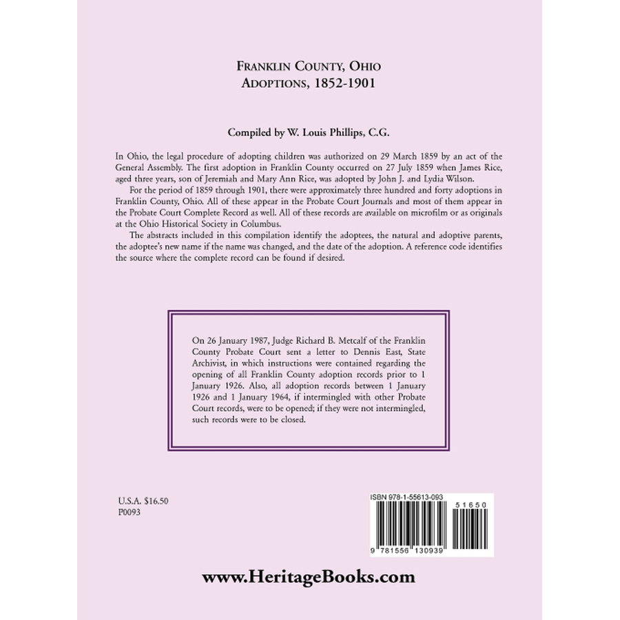 Franklin County, Ohio Adoptions, 1852-1901 back cover