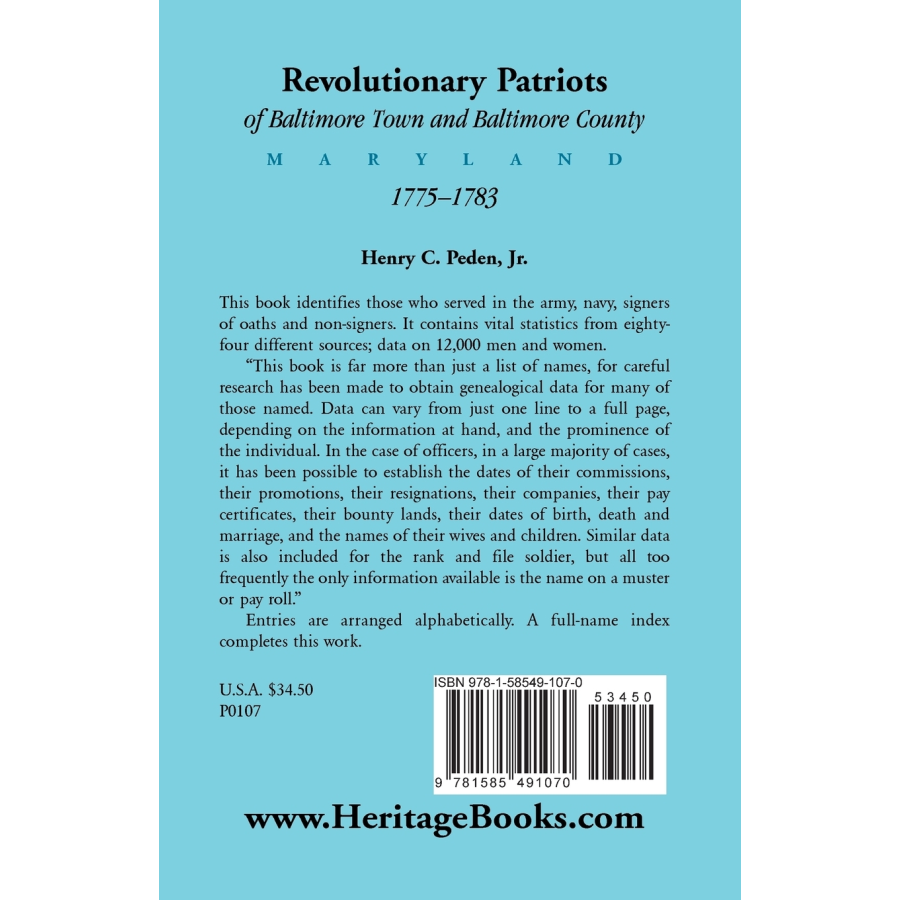 Revolutionary Patriots of Baltimore Town and Baltimore County (Maryland), 1775-1783 back cover