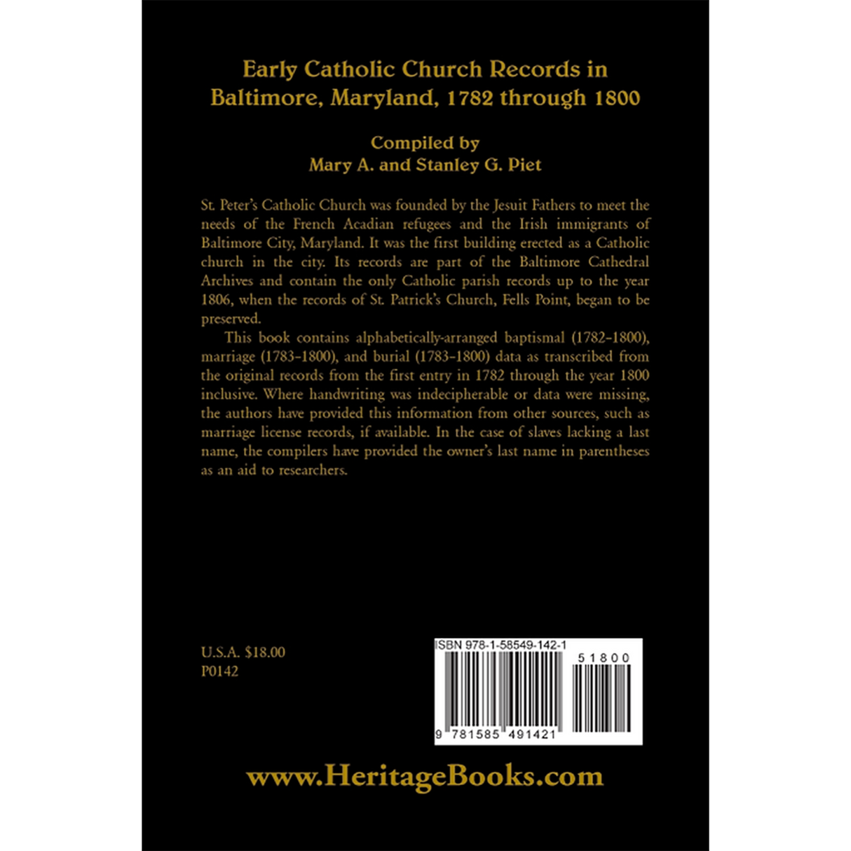 Early Catholic Church Records in Baltimore, Maryland, 1782-1800 back cover