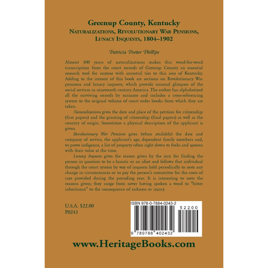 Greenup County, Kentucky, Naturalizations, Revolutionary War Pensions, Lunacy Inquests, 1804-1902 back cover
