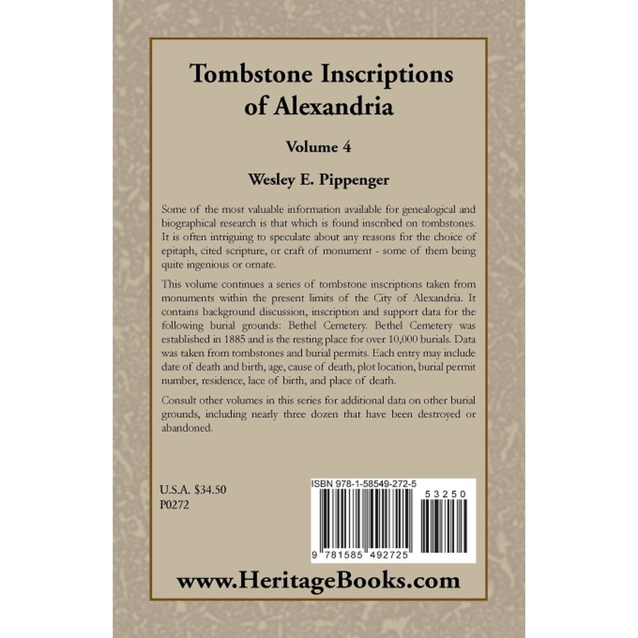 Tombstone Inscriptions of Alexandria, Virginia, Volume 4 back cover