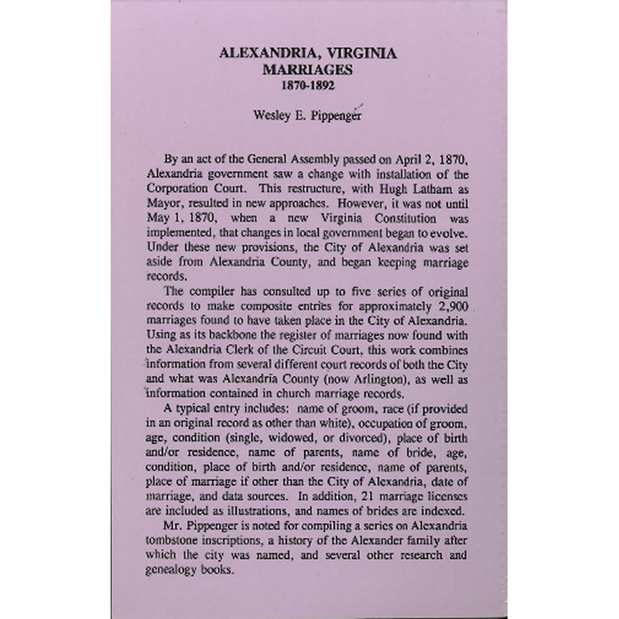 Alexandria, Virginia Marriages, 1870-1892 back cover