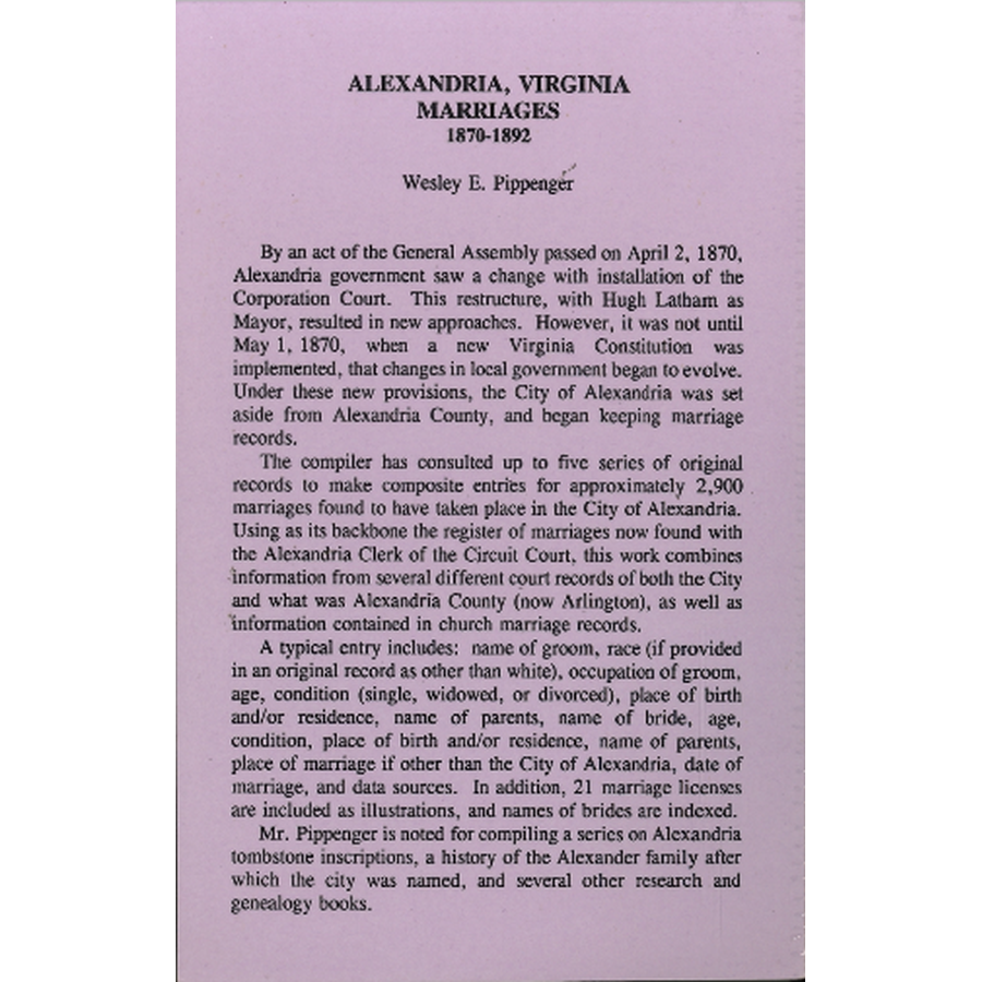 Alexandria, Virginia Marriages, 1870-1892 back cover