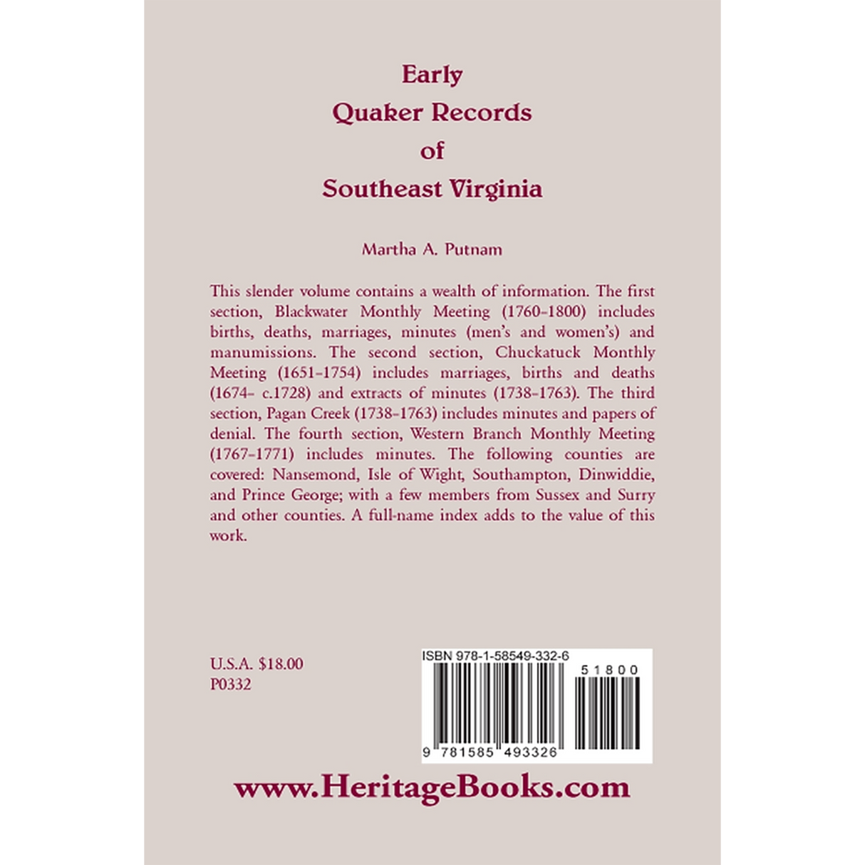 Early Quaker Records of Southeast Virginia back cover