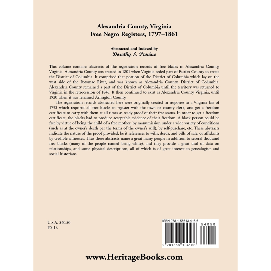 Alexandria County, Virginia Free Black Register, 1797-1861 back cover