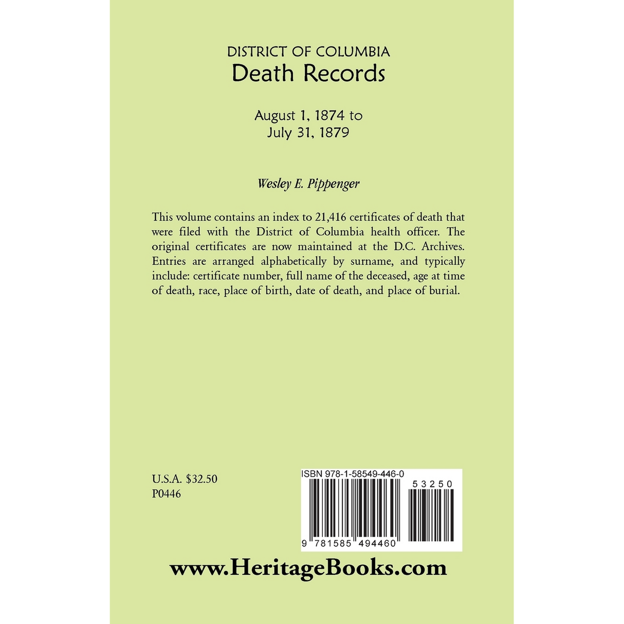 District of Columbia Death Records, August 1, 1874-July 31, 1879 back cover