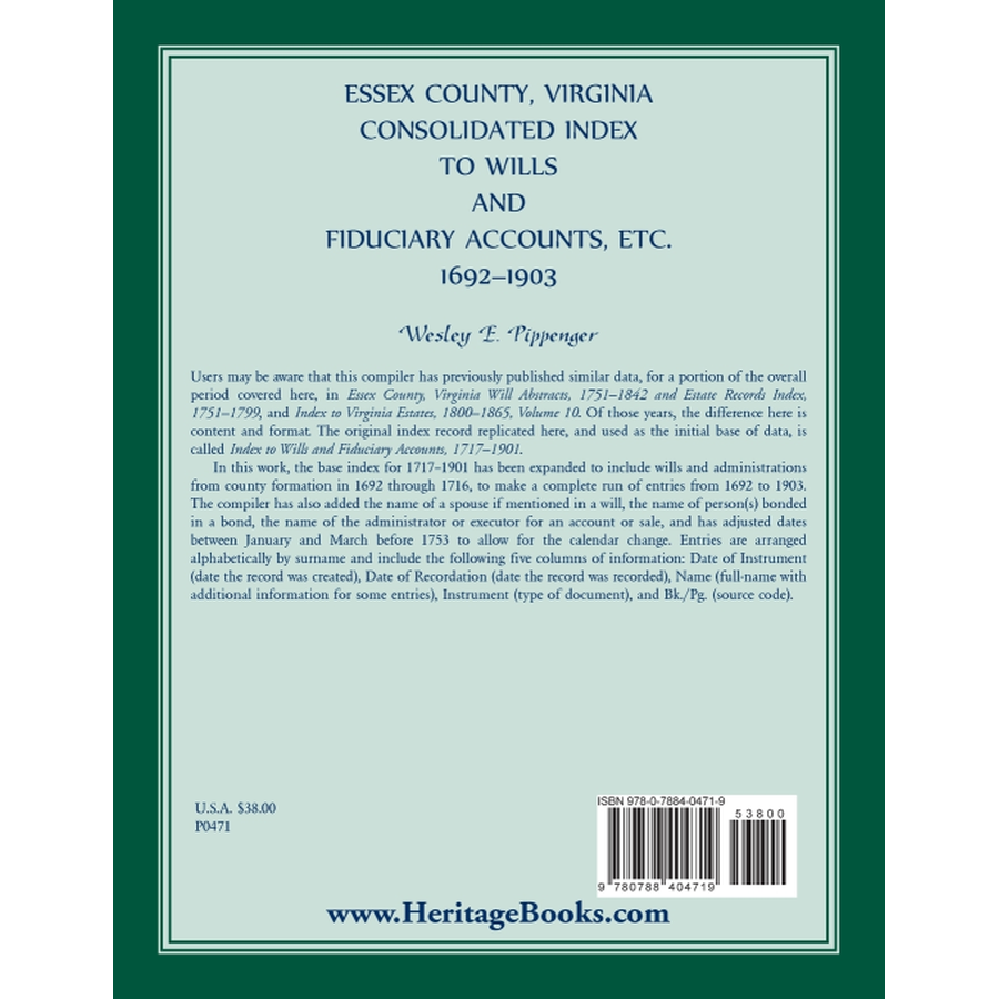 Essex County, Virginia Consolidated Index to Wills and Fiduciary Accounts, etc., 1692-1903 back cover