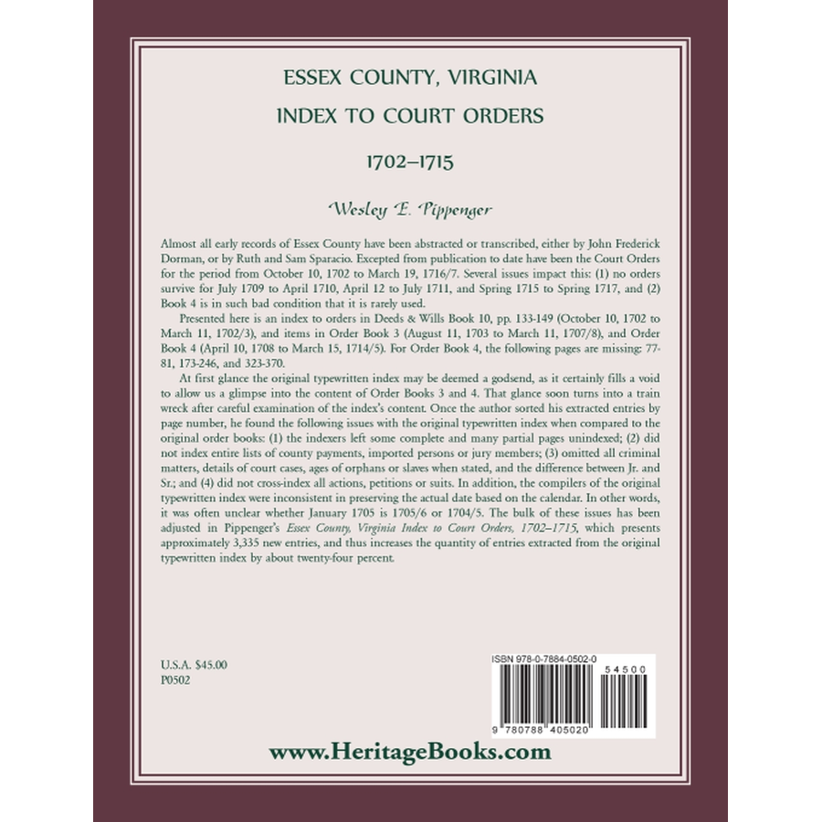 Essex County, Virginia Index to Court Orders, 1702-1715 back cover