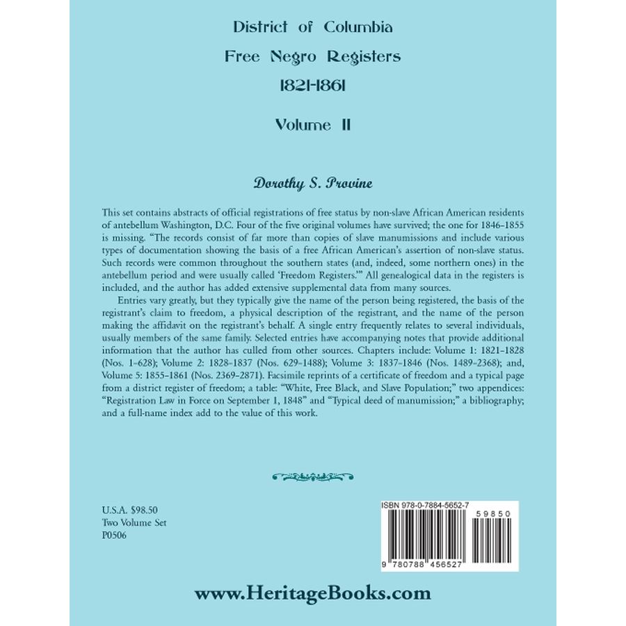 District of Columbia Free Black Registers, Volume 2 back cover