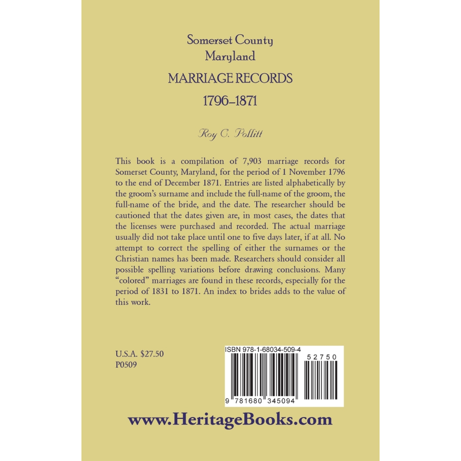 Somerset County, Maryland Marriage Records, 1796-1871 back cover