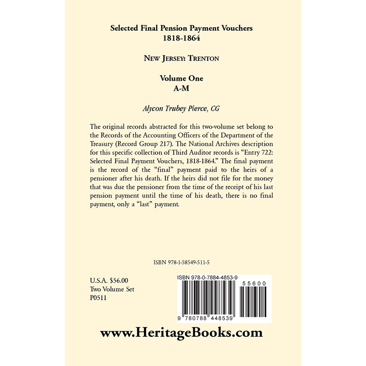 Selected Final Pension Payment Vouchers, 1818-1864: New Jersey-Trenton, Volume 1 back cover