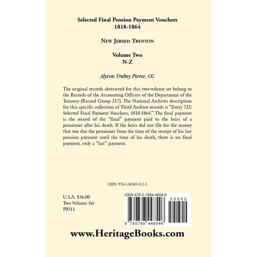 Selected Final Pension Payment Vouchers, 1818-1864: New Jersey-Trenton, Volume 2 back cover