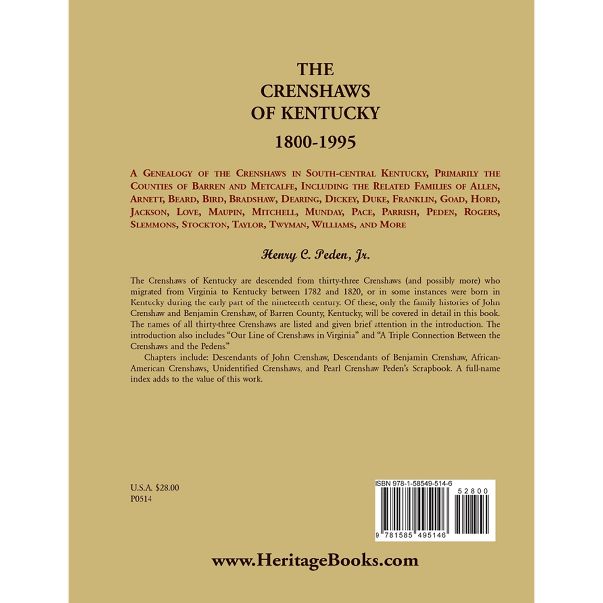 The Crenshaws of Kentucky, 1800-1995 back cover
