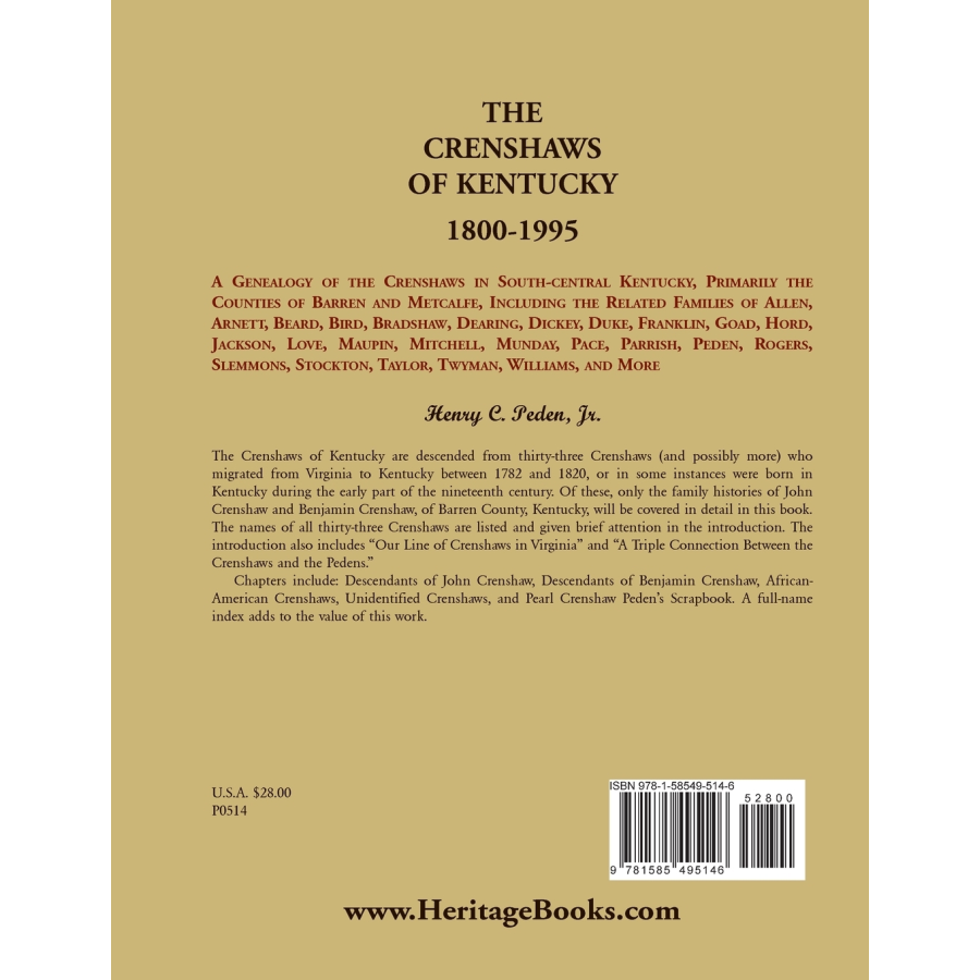 The Crenshaws of Kentucky, 1800-1995 back cover