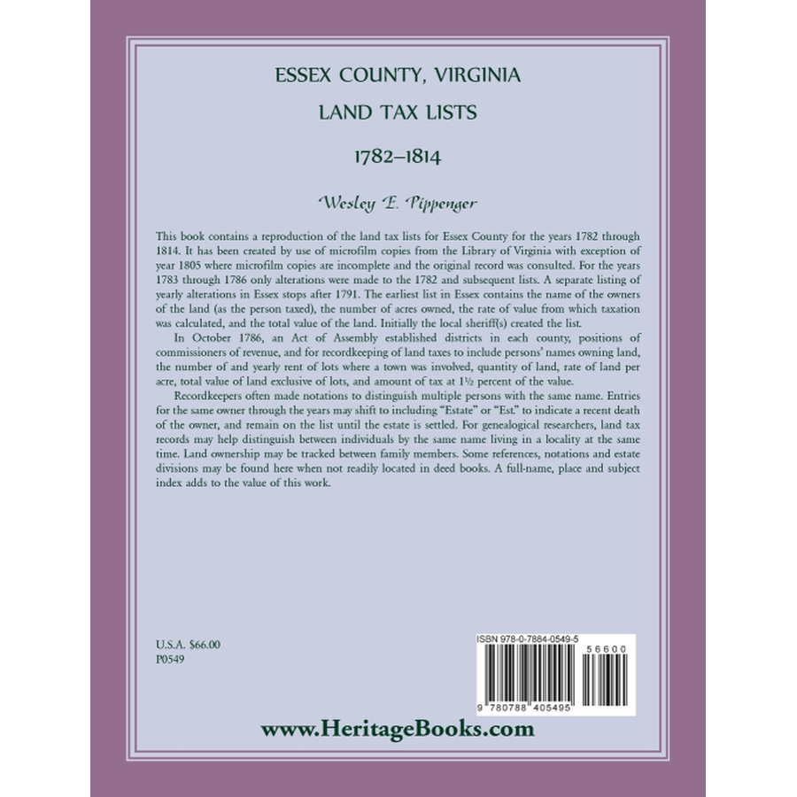 Essex County, Virginia Land Tax Lists, 1782-1814 back cover