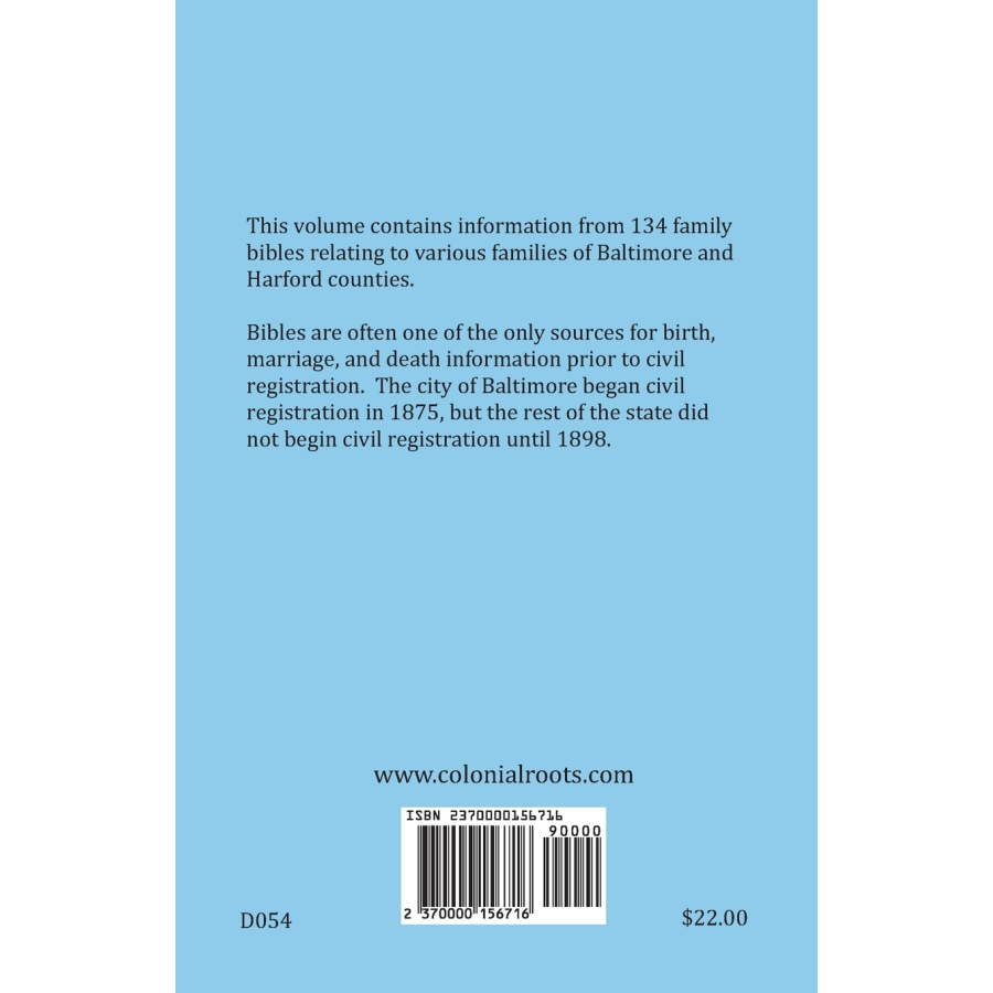 Maryland Bible Records, Volume 2: Baltimore and Harford Counties back cover