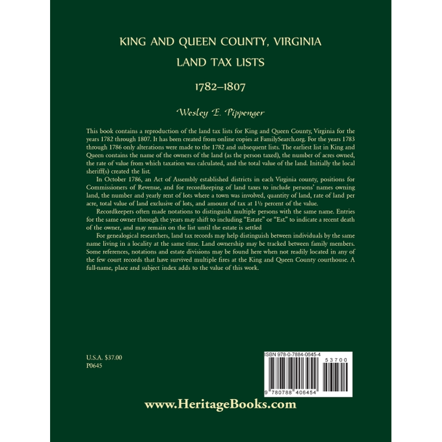 King and Queen County, Virginia Land Tax Lists, 1782-1807 back cover