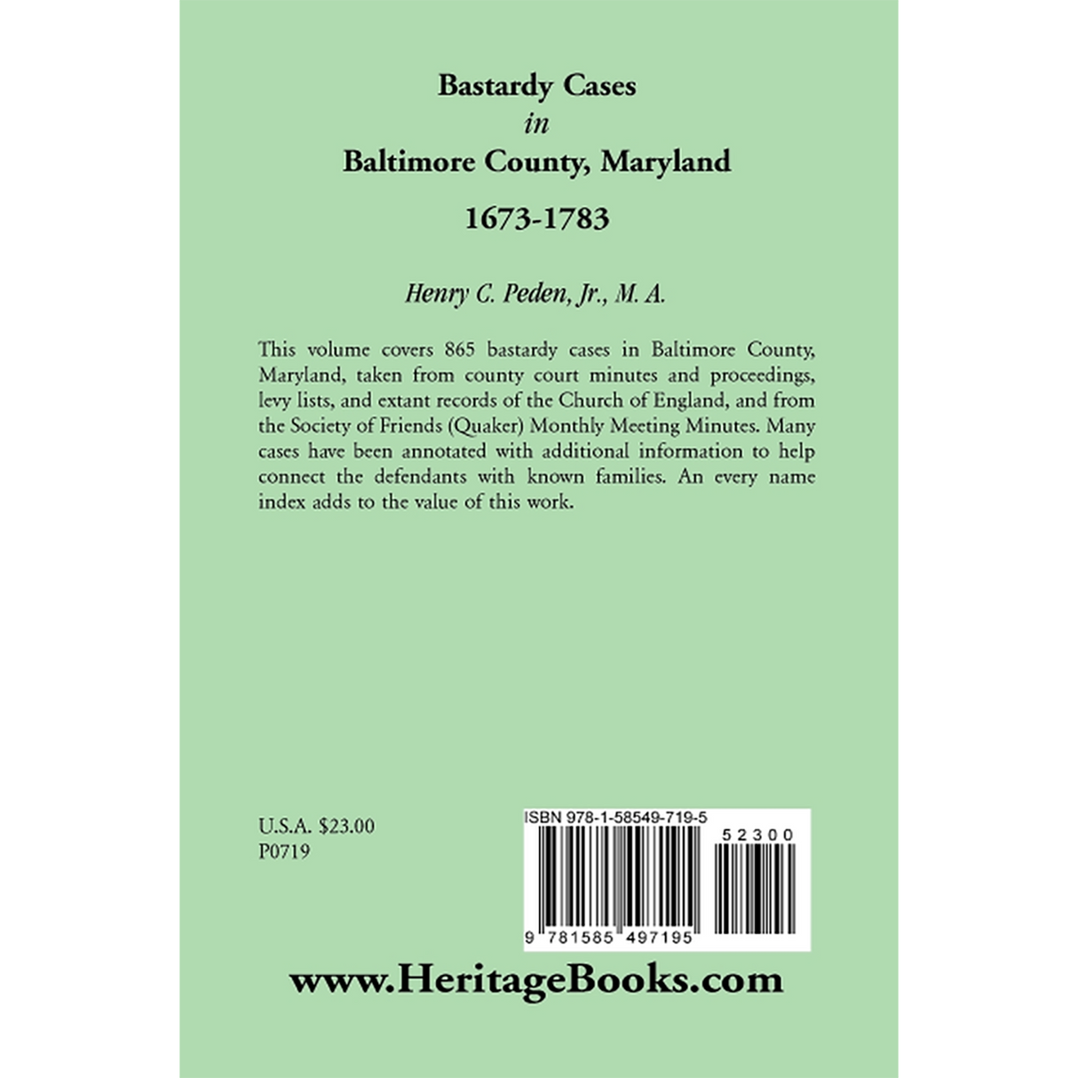 Bastardy Cases in Baltimore County, Maryland, 1673-1783 back cover
