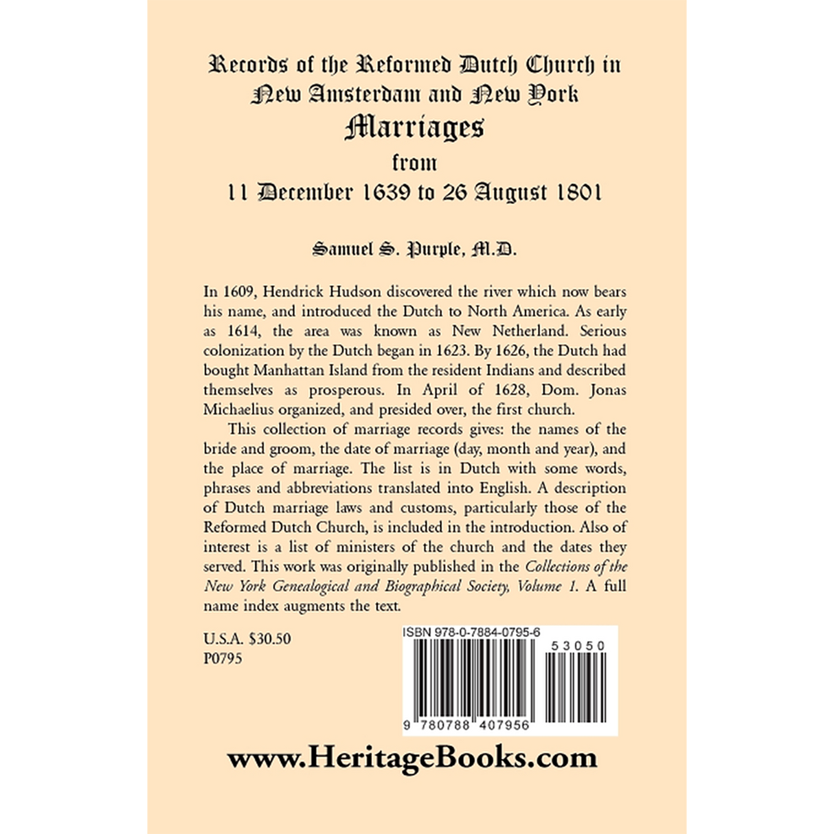 Records of the Reformed Dutch Church in New Amsterdam and New York, Marriages from 11 December 1639 to 26 August 1801 back cover