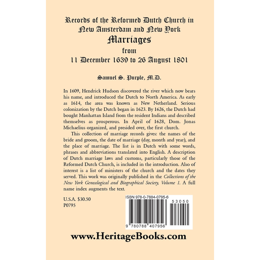 Records of the Reformed Dutch Church in New Amsterdam and New York, Marriages from 11 December 1639 to 26 August 1801 back cover