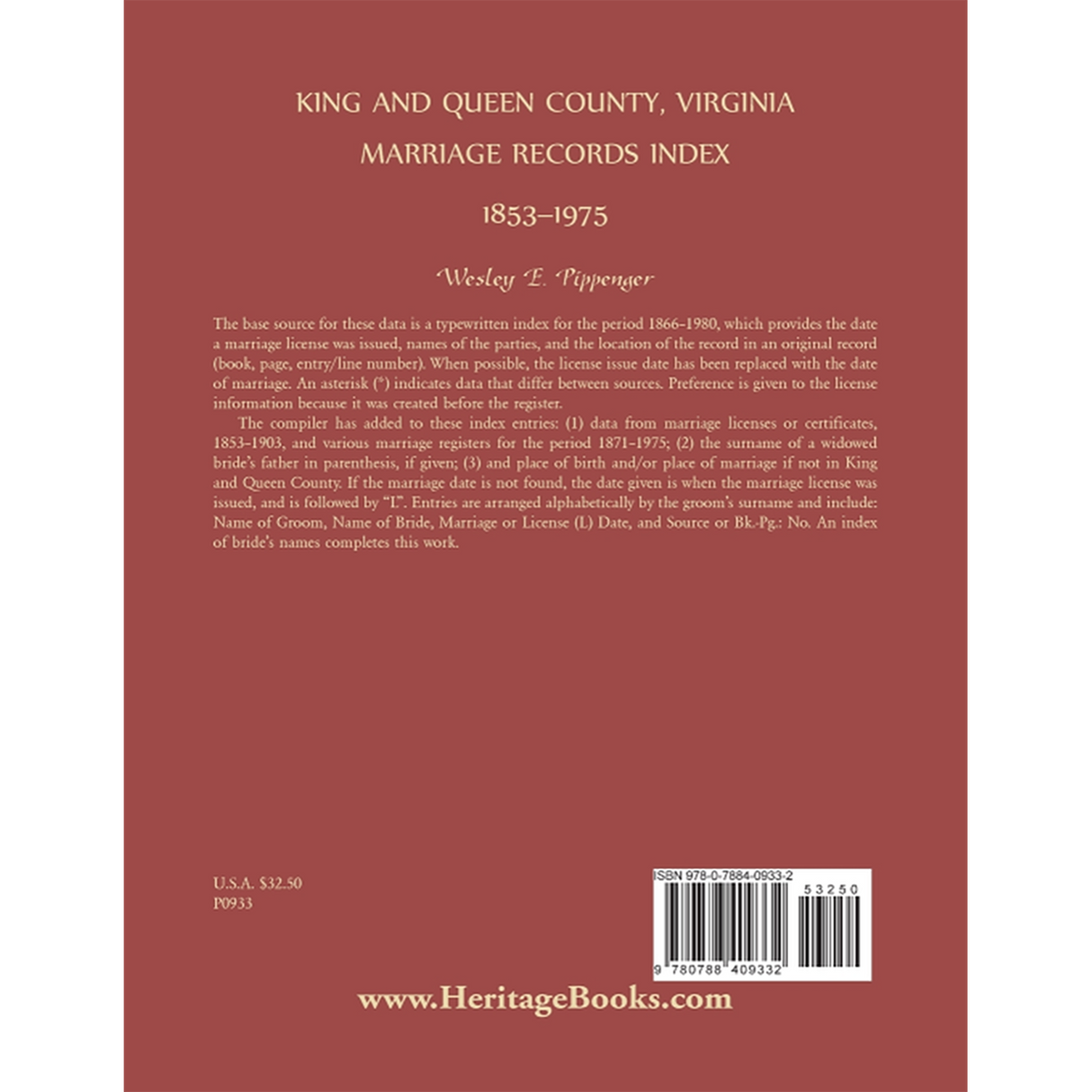 King and Queen County, Virginia Marriage Records Index, 1853-1975 back cover
