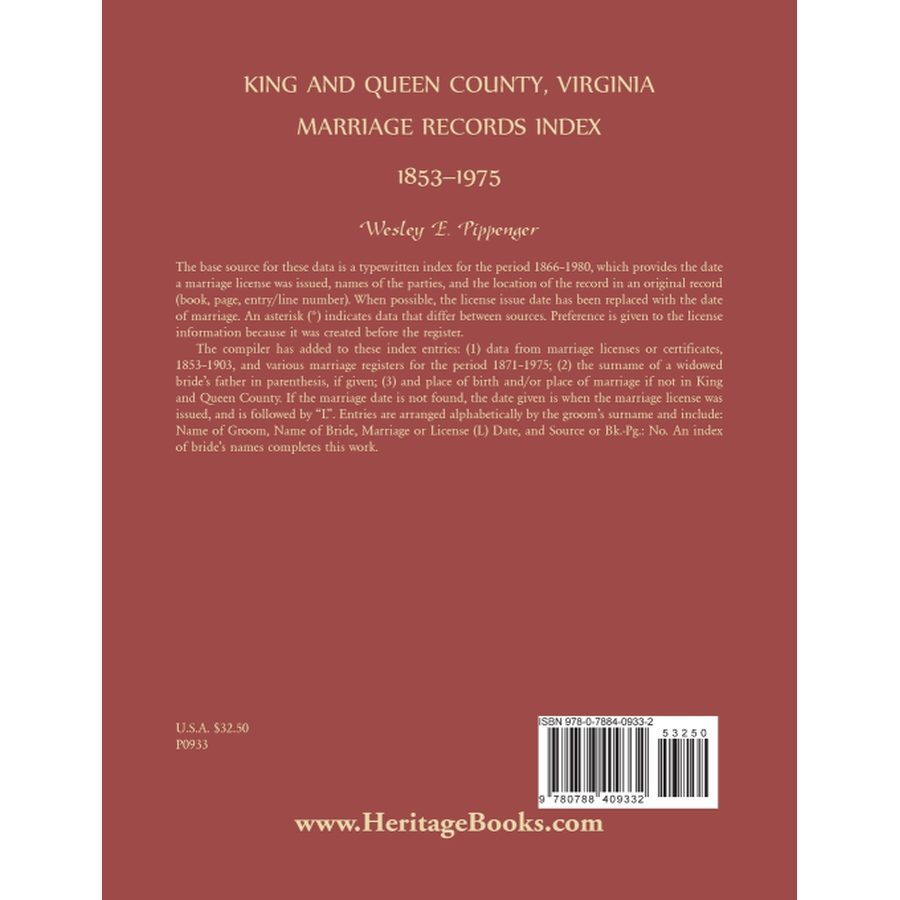 King and Queen County, Virginia Marriage Records Index, 1853-1975 back cover