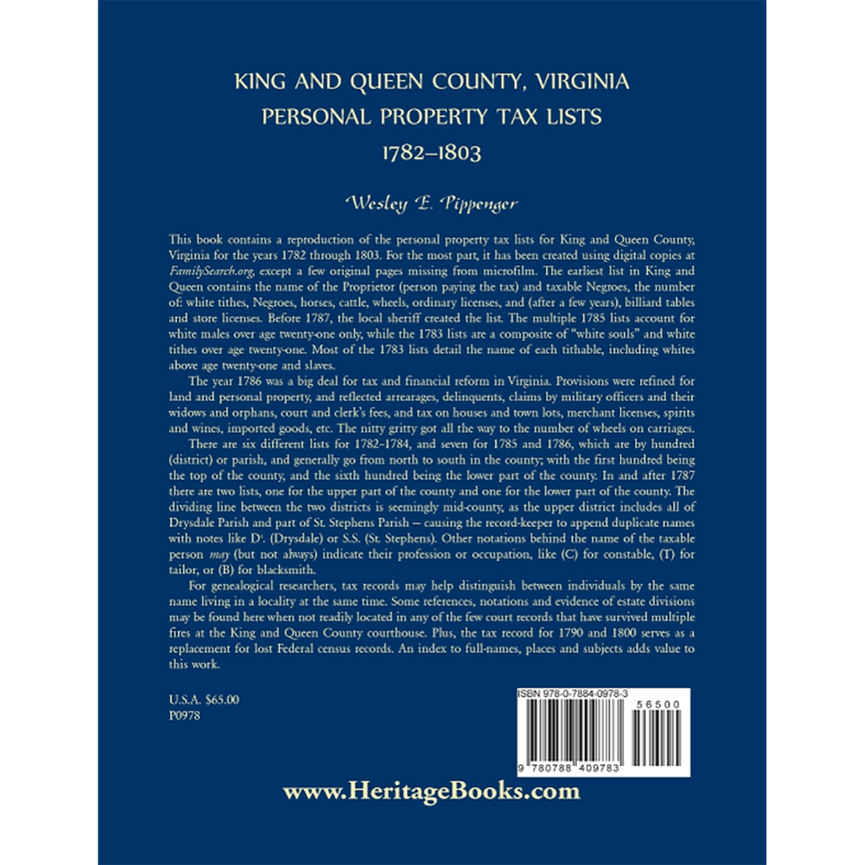 King and Queen County, Virginia Personal Property Tax Lists, 1782-1803 back cover