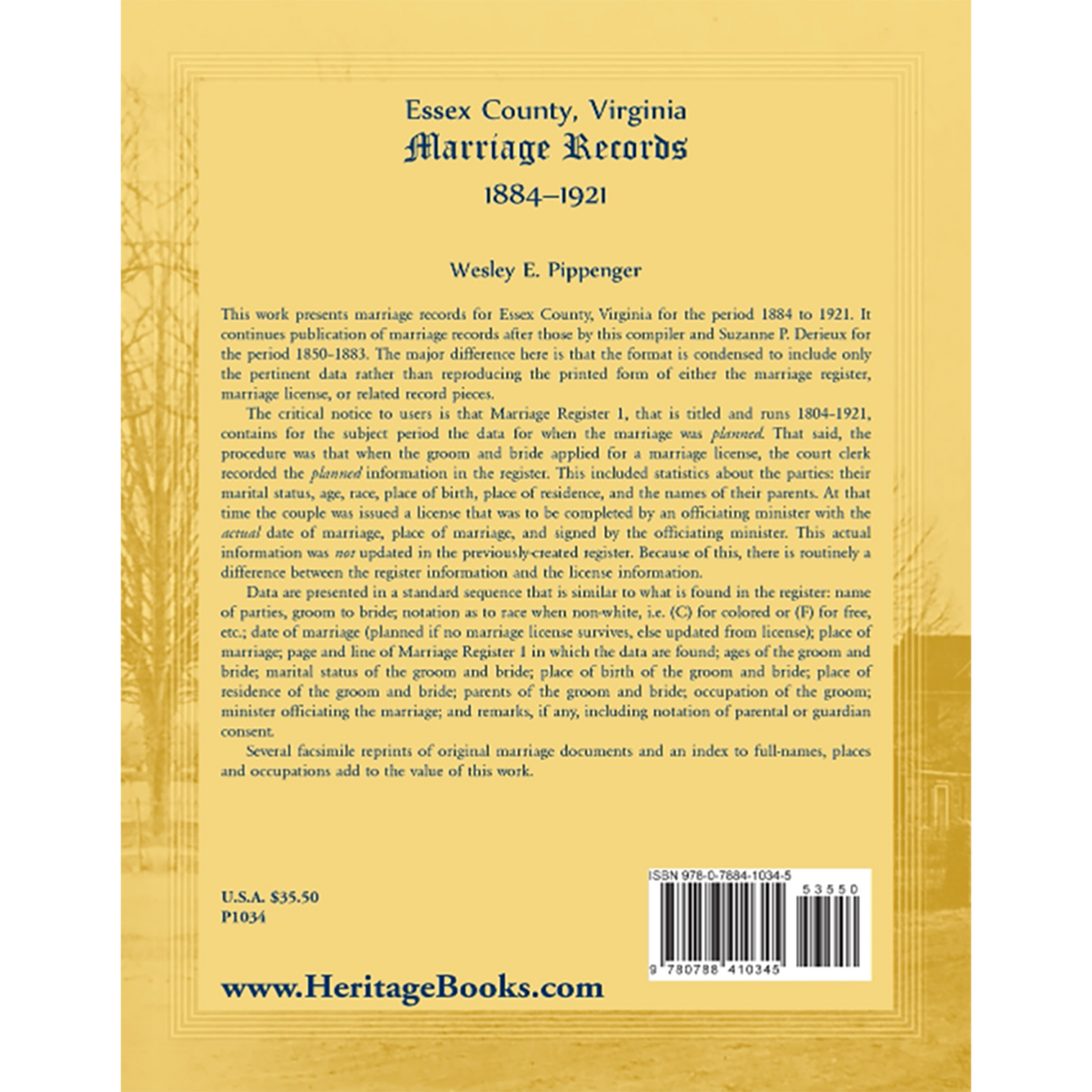 Essex County, Virginia Marriage Records, 1884-1921 back cover