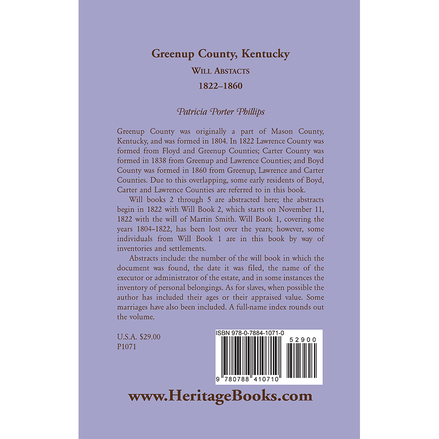 Greenup County, Kentucky Will Abstracts, 1822-1860 back cover